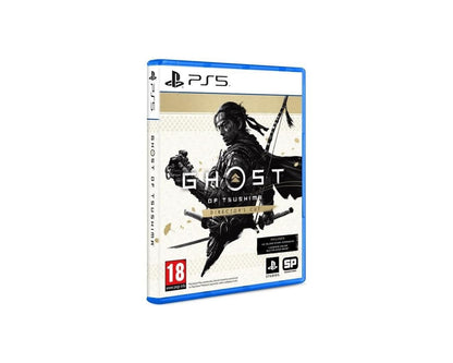 PlayStation Ghost of Tsushima Director's Cut game case for PS5 console, featuring artwork of samurai and Japanese landscape.