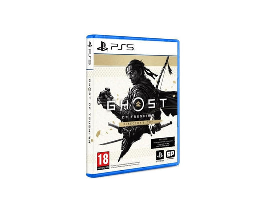 PlayStation Ghost of Tsushima Director's Cut game case for PS5 console, featuring artwork of samurai and Japanese landscape.