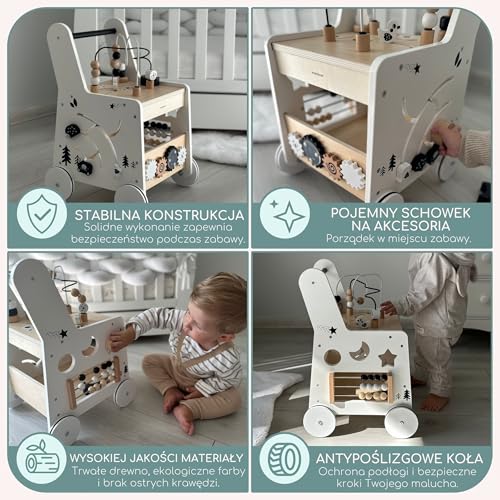 Mamabrum wooden baby walker with wheels, featuring shape sorter, bead maze, abacus, gears, and stacking blocks for 12+ months.