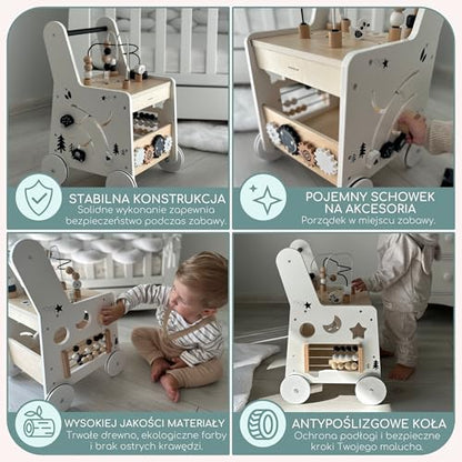 Mamabrum wooden baby walker with wheels, featuring shape sorter, bead maze, abacus, gears, and stacking blocks for 12+ months.