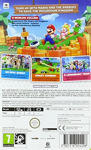 Nintendo Switch game cover for Mario + Rabbids Kingdom Battle by Ubisoft, featuring Mario and Rabbid characters in a colorful battle scene.