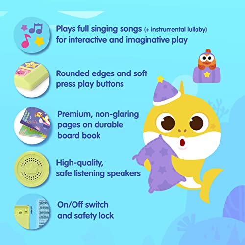 Pinkfong Baby Shark bedtime sound book with colorful pages, featuring 10 buttons for lullabies and interactive learning for toddlers.
