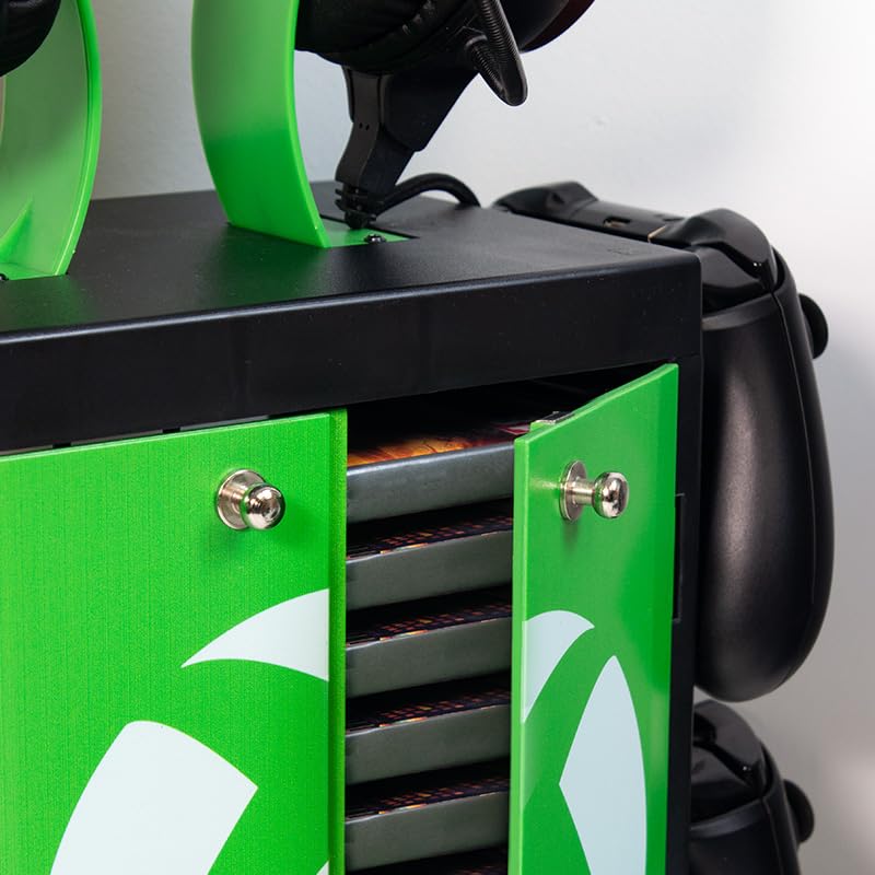 Numskull Games official Xbox gaming locker with game disk storage, featuring a sleek black design and labeled compartments for organizing disks.