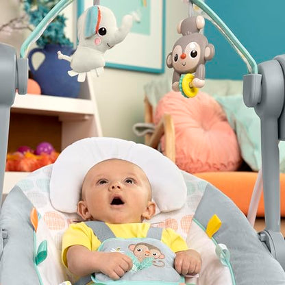 Bright Starts, Whimsical Wild Portable Compact Automatic Baby Swing with Music and Taggies, Removable Toy Bar with 2 Toys, Reclinable, 5 Point Harness, Newborn and up