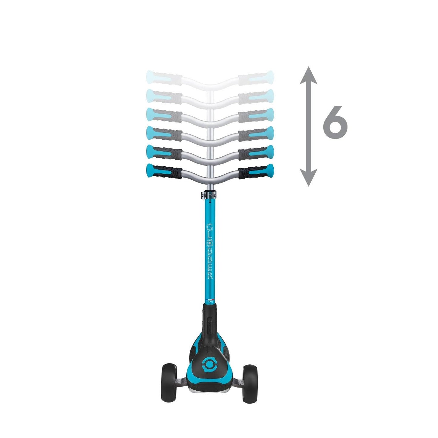 Globber Ultimum 3 Wheel Scooter in Aqua, featuring adjustable height, wide deck, and patented steering system.