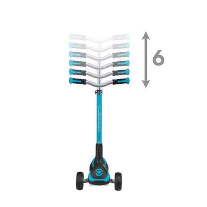 Globber Ultimum 3 Wheel Scooter in Aqua, featuring adjustable height, wide deck, and patented steering system.