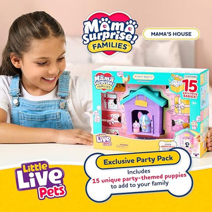 Little Live Pets Mama Surprise Families - Puppy Party Pack, Collect 15 Mini Collectible Puppies and Mama Pup, Fold-Out Playset with Mama's House, Over 80 Puppies to Collect, Fun Gift for Kids