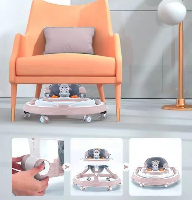 Pink adjustable baby walker with foldable design, feeding tray, interactive music, toys, lights, and safety brakes for enhanced mobility.