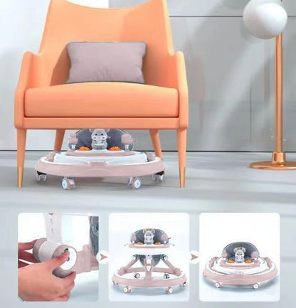 Pink adjustable baby walker with foldable design, feeding tray, interactive music, toys, lights, and safety brakes for enhanced mobility.