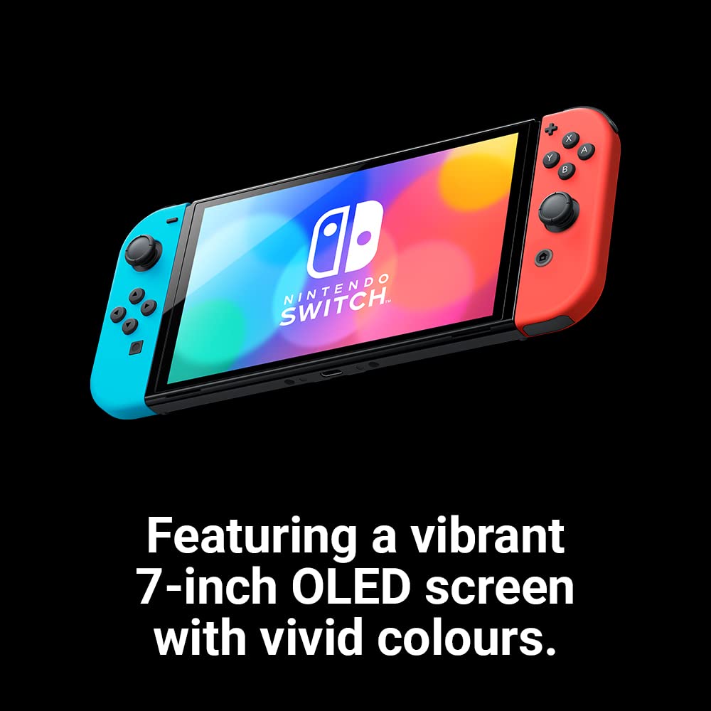 Nintendo Switch OLED Model in neon blue and red with dual Joy-Con controllers and a vibrant screen.
