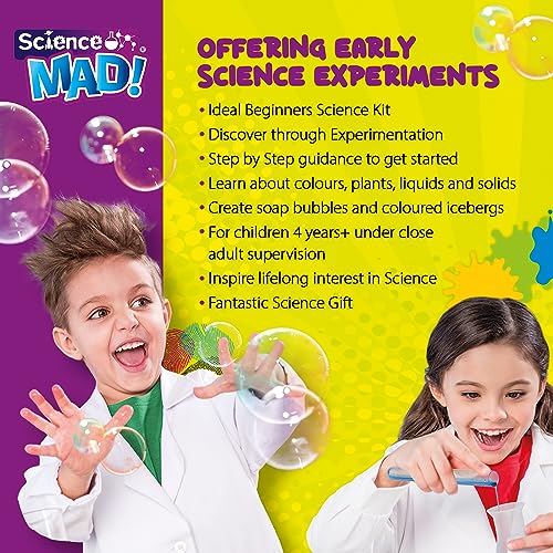 Science Mad SM65 Early Skills Science Lab with experiment apparatus and materials for children ages 4+ in a colorful setup
