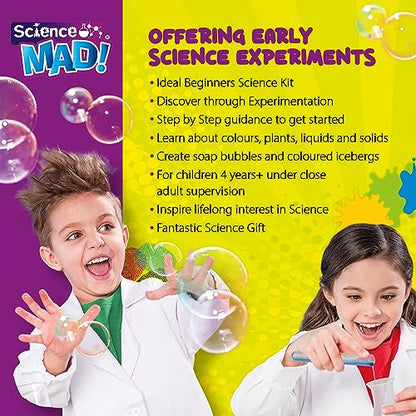 Science Mad SM65 Early Skills Science Lab with experiment apparatus and materials for children ages 4+ in a colorful setup