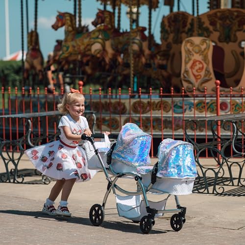 Roma Polly Dolls Pram 2-in-1 Dolls Pushchair, Double Buggy with Convertible Seat, Adjustable Handle, Foldable Canopy, Mermaid Print, Suitable for Ages 3-16, Perfect or Christmas