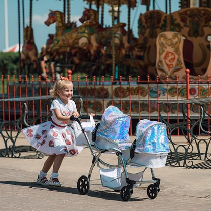 Roma Polly Dolls Pram 2-in-1 Dolls Pushchair, Double Buggy with Convertible Seat, Adjustable Handle, Foldable Canopy, Mermaid Print, Suitable for Ages 3-16, Perfect or Christmas