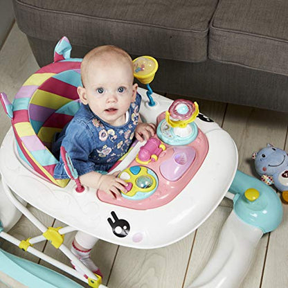 MyChild pink unicorn 2-in-1 baby walker rocker with rainbow design, adjustable height, safety blocks, and foldable frame for easy storage.