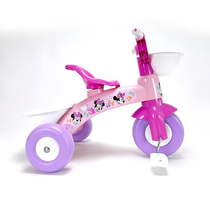 Pink Disney Minnie Mouse kids tricycle for toddlers, with front and back storage baskets, suitable for ages 1-3, by Kubbinga.