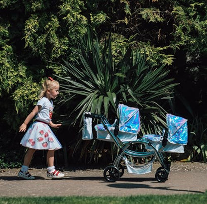 Roma Polly Dolls Pram 2-in-1 Dolls Pushchair, Double Buggy with Convertible Seat, Adjustable Handle, Foldable Canopy, Mermaid Print, Suitable for Ages 3-16, Perfect or Christmas