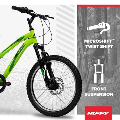 Huffy Extent 20-Inch Boys’ Mountain Bike, 6-Speed Microshift Gear System, Front Suspension, Durable Steel Frame, All-Terrain Tyres, For Kids Ages 5–9 Years, Antifreeze Green