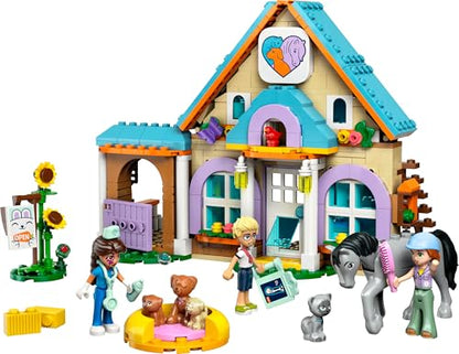 LEGO Friends Horse and Pet Vet Clinic set with horse, cat, dog figures, three mini dolls, and a stable.