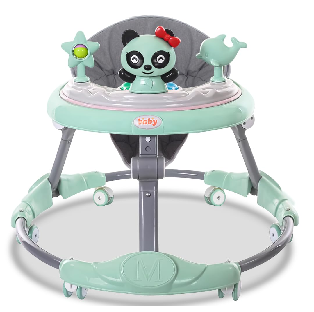 FK Sports baby walker in green with adjustable height, activity center, toys, food tray, and silent wheels for 6-18 month-olds.