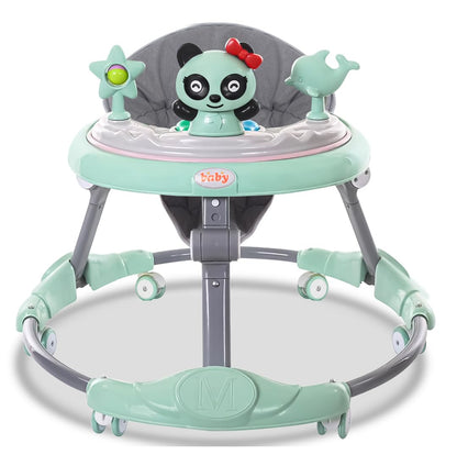 FK Sports baby walker in green with adjustable height, activity center, toys, food tray, and silent wheels for 6-18 month-olds.