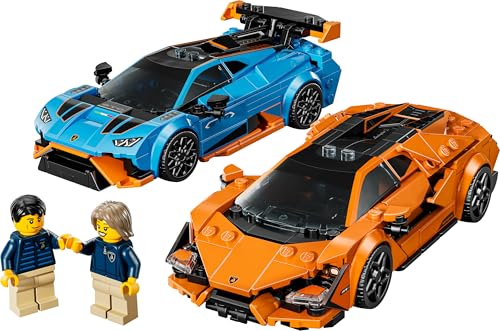 LEGO Speed Champions Lamborghini Revuelto and Huracán STO toy race car model kit with two driver minifigures.