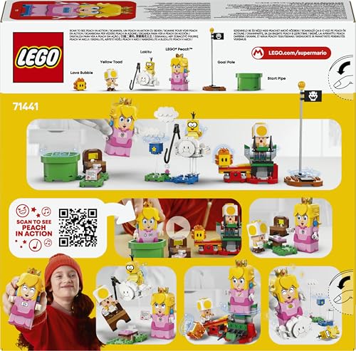 LEGO Super Mario Adventures set featuring Princess Peach, yellow Toad figure, colorful playset, suitable for kids and gamers.