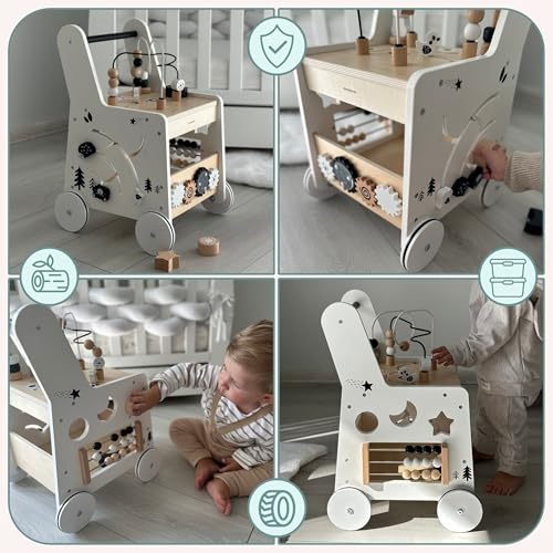 Mamabrum wooden baby walker with wheels, featuring shape sorter, bead maze, abacus, gears, and stacking blocks for 12+ months.