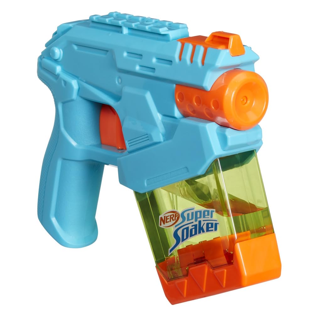 Super Soaker Mini Dunk-Fill Water Blaster for ages 6+ with blue and orange design, featuring a compact water gun and splash nozzle.