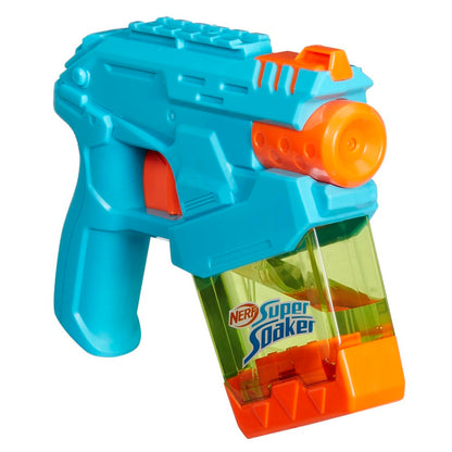Super Soaker Mini Dunk-Fill Water Blaster for ages 6+ with blue and orange design, featuring a compact water gun and splash nozzle.