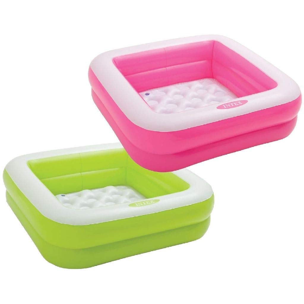 Intex inflatable square paddling pool, 86x86x25 cm, in vibrant pink or lime green, ideal for kids' outdoor fun.