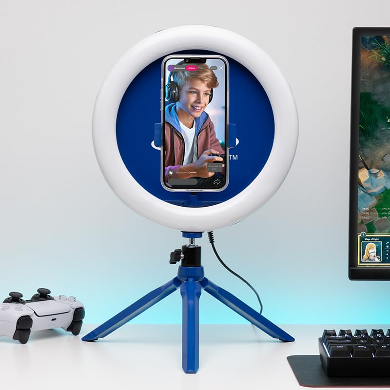 Paladone PlayStation streaming ring light with adjustable phone holder, three light modes: warm, cool, neutral, ideal for gaming streams.