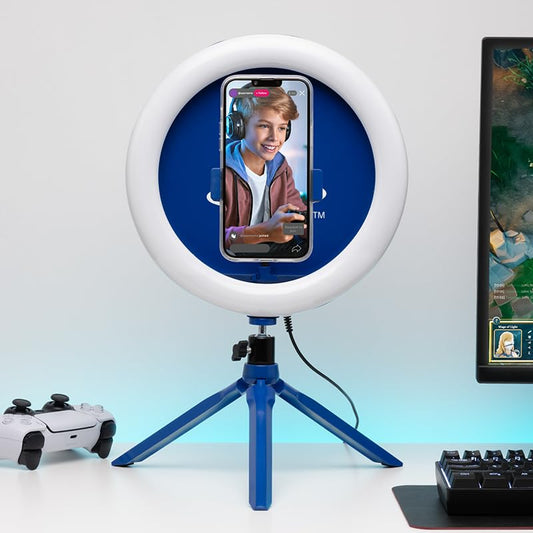 Paladone PlayStation streaming ring light with adjustable phone holder, three light modes: warm, cool, neutral, ideal for gaming streams.