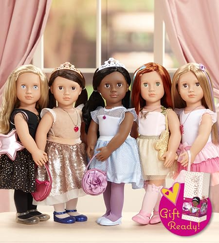 Our Generation 18-inch Cambi doll with red hair, blue eyes, butterfly-themed outfits, and styling accessories.