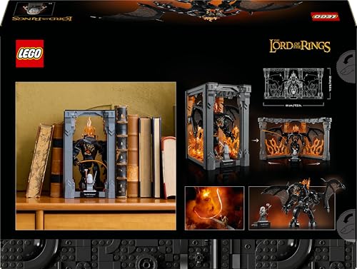 LEGO Icons Balrog Book Nook featuring Gandalf the Grey minifigure and dragon figure, perfect for bookshelf decor.