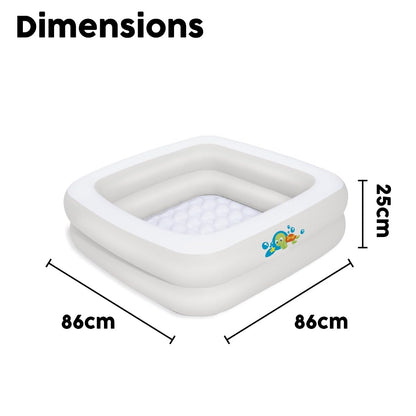 Bestway inflatable baby bath tub in white, featuring a soft floor for comfort and portability for home and travel use.