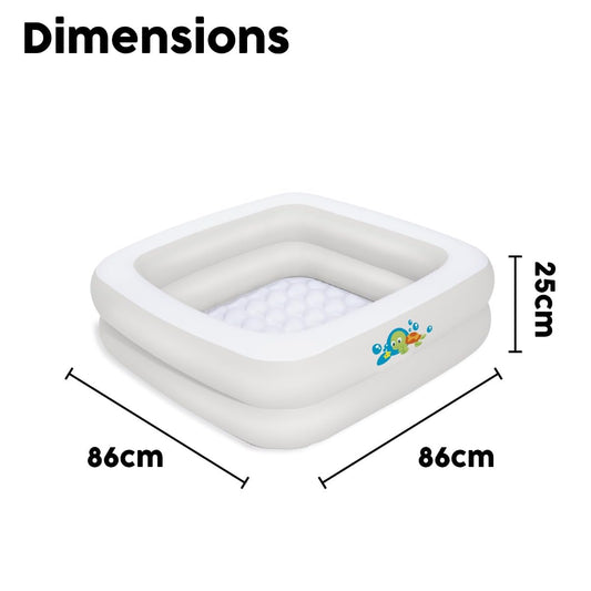 Bestway inflatable baby bath tub in white, featuring a soft floor for comfort and portability for home and travel use.