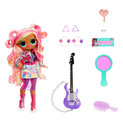 L.O.L. Surprise! OMG Rockstar doll with stylish outfit and accessories, featuring clues for unlocking surprises.