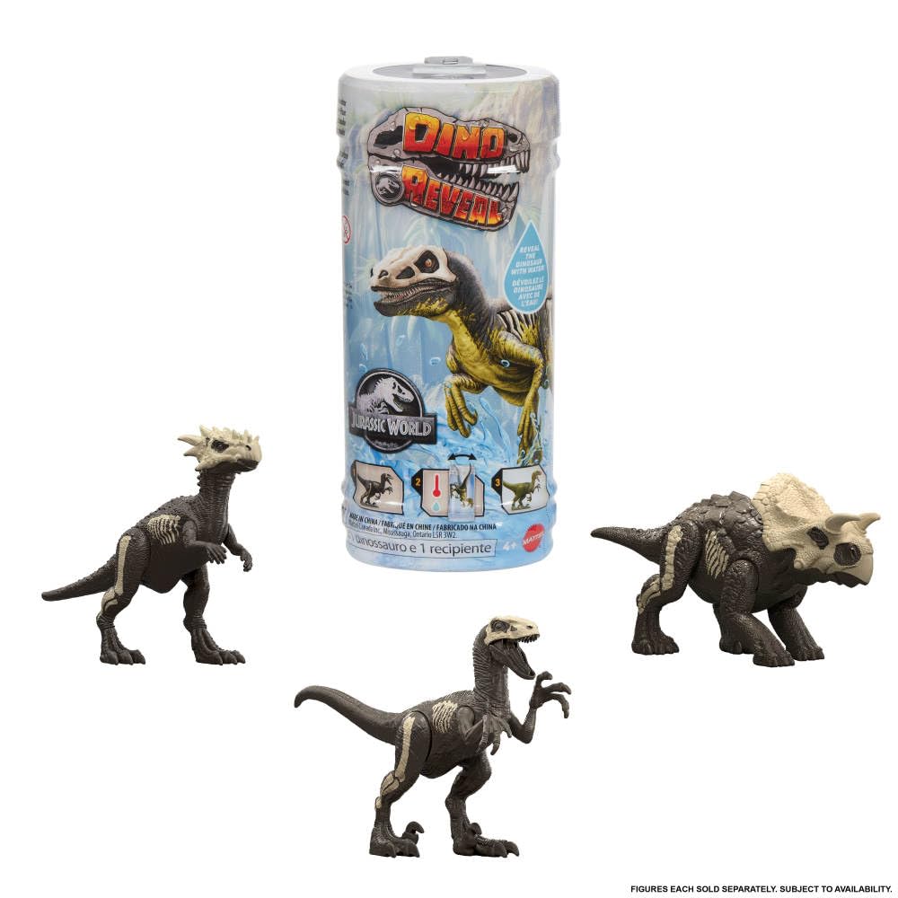Mattel Jurassic World Dino Reveal Dinosaur Toys, Unpack Surprise & Warm Water Uncovers Full Decoration, 5 to 7 Inches, Species Vary, JDC52