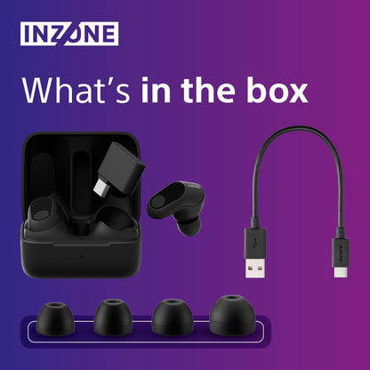 Sony INZONE Buds true wireless gaming earbuds with 360 spatial sound, active noise cancelling, lightweight design, and AI microphone in black.