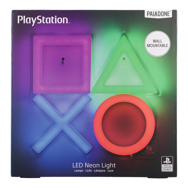 Paladone PlayStation LED neon light with controller icons, wall-mounted gaming room decor, providing colorful mood lighting.