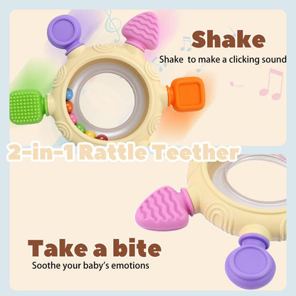 SENBSLAN silicone teething toys for babies, colorful rattle teether designed for sensory exploration, BPA-free.