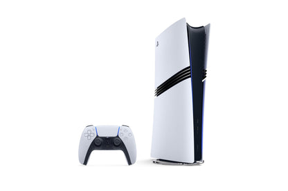 PlayStation 5 Pro gaming console with sleek black design and digital disc drive, front view showing ports and LED indicators.