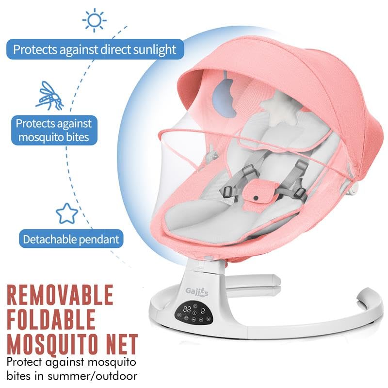 Pink fk sports baby bouncer with soft pillow, 2 plush toys, Bluetooth-enabled electric baby swing, 5 swing speeds, and remote control.