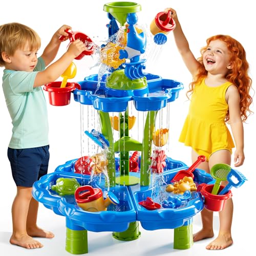DULONIME 3-Tier Sand and Water Table Toys for Kids Aged 3 4 5 6 7 8, Water Waterfall Sensory Play Table with Beach Toys Accessories, Outdoor Activity Playset for Toddlers 2-4 3-5 4-6, Birthday Gifts