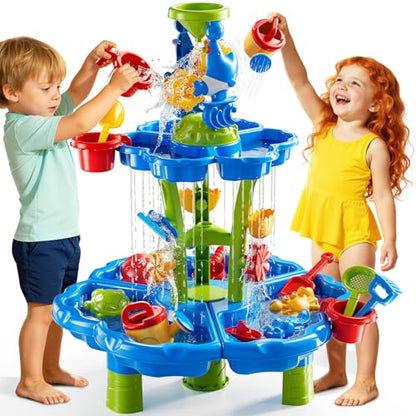 DULONIME 3-Tier Sand and Water Table Toys for Kids Aged 3 4 5 6 7 8, Water Waterfall Sensory Play Table with Beach Toys Accessories, Outdoor Activity Playset for Toddlers 2-4 3-5 4-6, Birthday Gifts