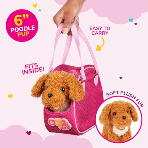 Our Generation poodle dog plush in a pet carrier bag, designed for 18-inch doll accessories and kids 3+ years.