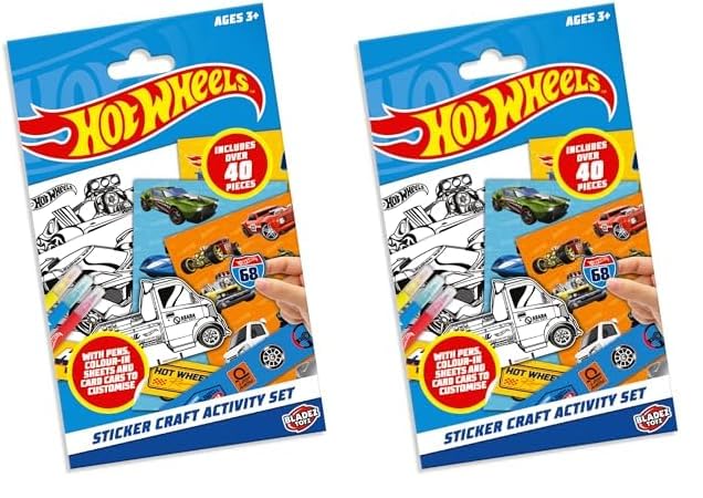 BLADEZ Hot Wheels Sticker Craft Activity Set with colorful cartoon stickers and pens, ideal for kids' parties and travel fun.