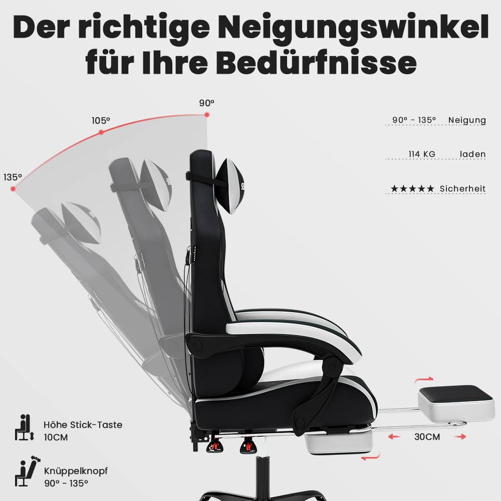 SUKIDA ergonomic gaming chair with adjustable height, lumbar support, headrest, footrest, and rotating desk chair for adults.