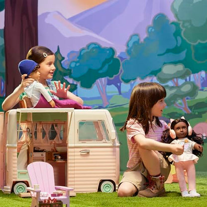 18-inch Our Generation Milo boy doll with travel accessories like luggage, passport, and sunglasses for realistic play.